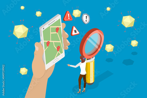 3D Isometric Flat Vector Illustration of Virus Tracking Application, Disease Spread Prevention
