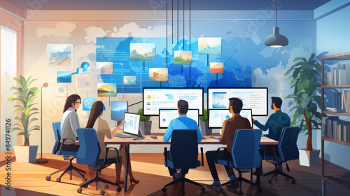 A finance team analyzes a project with diagrams and documents on multiple screens

