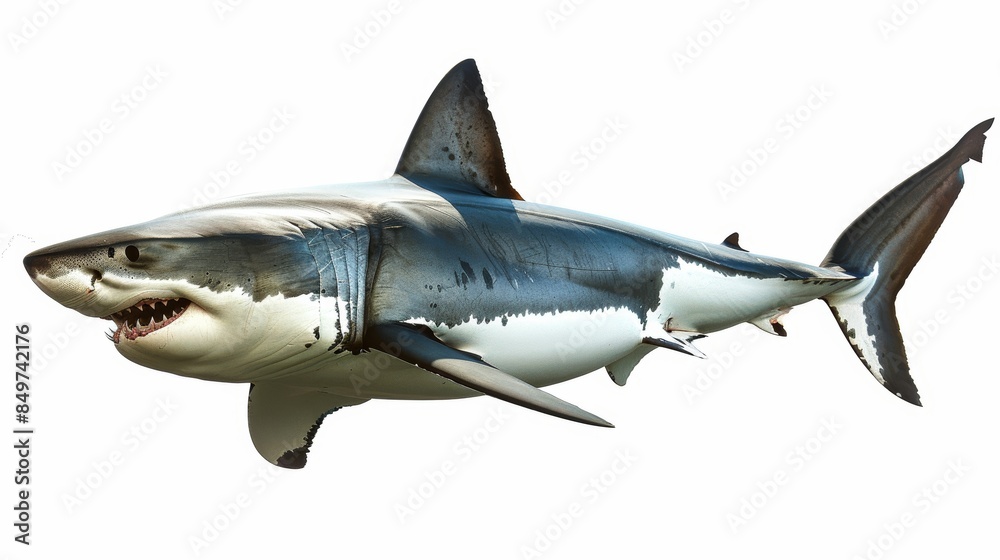 Great white shark is swimming peacefully with its mouth open showing its razor sharp teeth Great white shark is swimming peacefully with its mouth open showing its razor sharp teeth