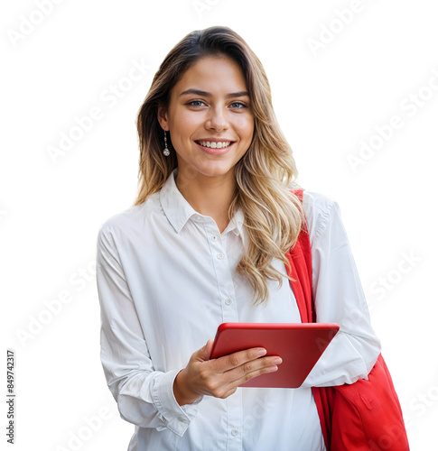 A female young student woman holding a tablet in a white blouse and a red backpack	
