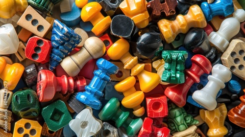 Miscellaneous old board game pieces. A variety of board game pieces arranged in the background photo