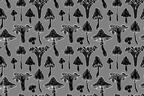 Magic mushrooms seamless pattern. Psychedelic hallucination. 60s hippie black and white art. Vintage psychedelic textile, fabric, wrapping, wallpaper. Vector repeating illustration.