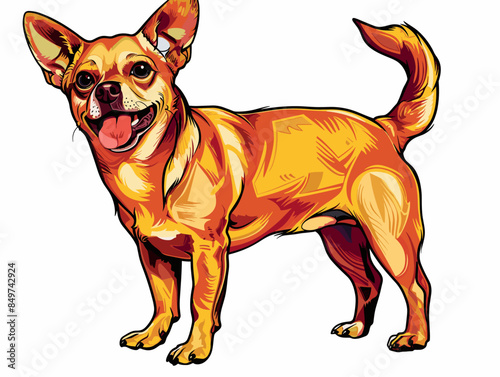 A cartoon dog with a tongue sticking out and a smile on its face. The dog is orange and he is happy