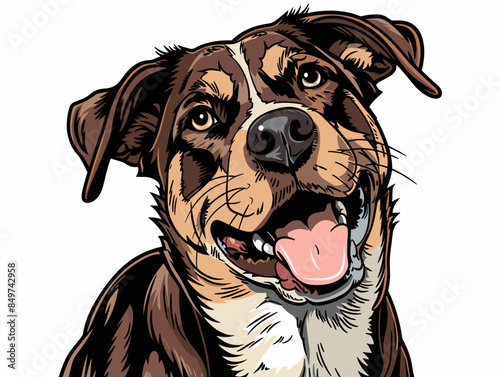 A dog with a tongue sticking out is smiling. The dog has a brown and white coat. The dog's mouth is open and its tongue is hanging out