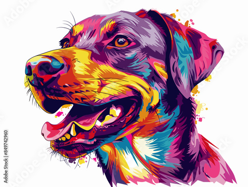 A dog with a big smile on its face. The dog is wearing a colorful outfit and has a rainbow-colored face