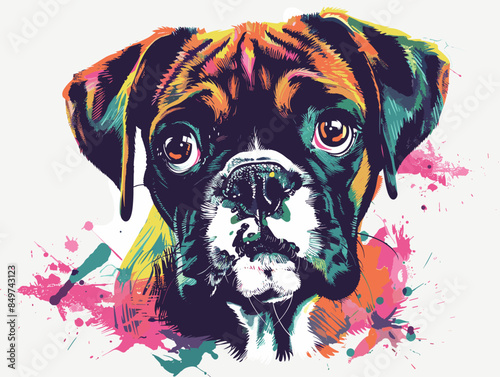 Portrait of a boxer dog with colorful splashes. Vector illustration.