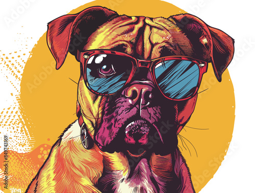 Portrait of a boxer dog with sunglasses. Vector illustration in retro style.
