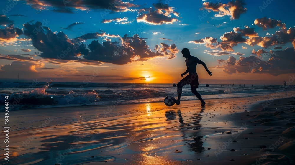 A man running a dribble on the beach with the sea and blue clouds in the background. A man running a dribble on the beach with the sea and blue clouds in the background.