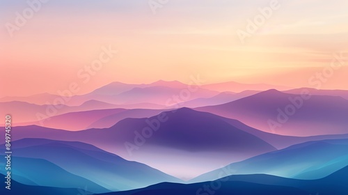 A soft, colorful, and misty mountain landscape with a pink and orange sky.
