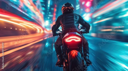 Motorcycle Rider in a City of Lights © vixion