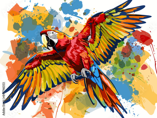 A colorful parrot is flying through a colorful background. The bird is the main focus of the image, and its vibrant colors contrast with the background, creating a sense of energy and liveliness