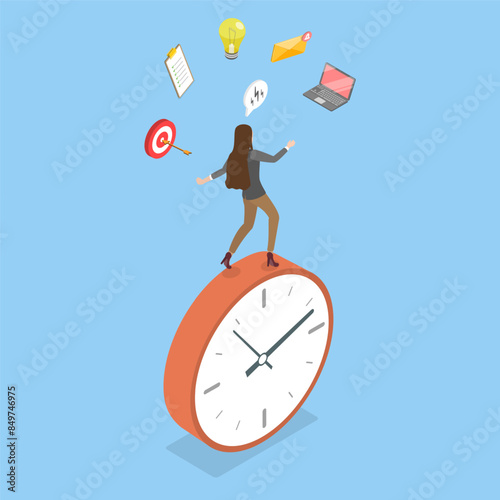 3D Isometric Flat Vector Illustration of Productive Woman, Extended Project Management Skills