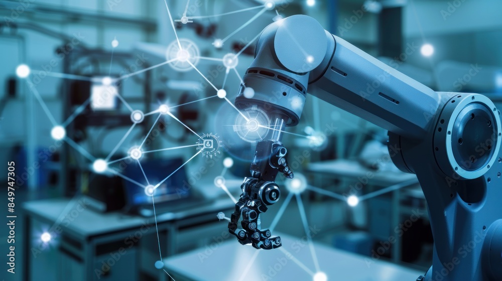 Robot arms wroking in futuristic factory and digital communication network concept Robot arms wroking in futuristic factory and digital communication network concept
