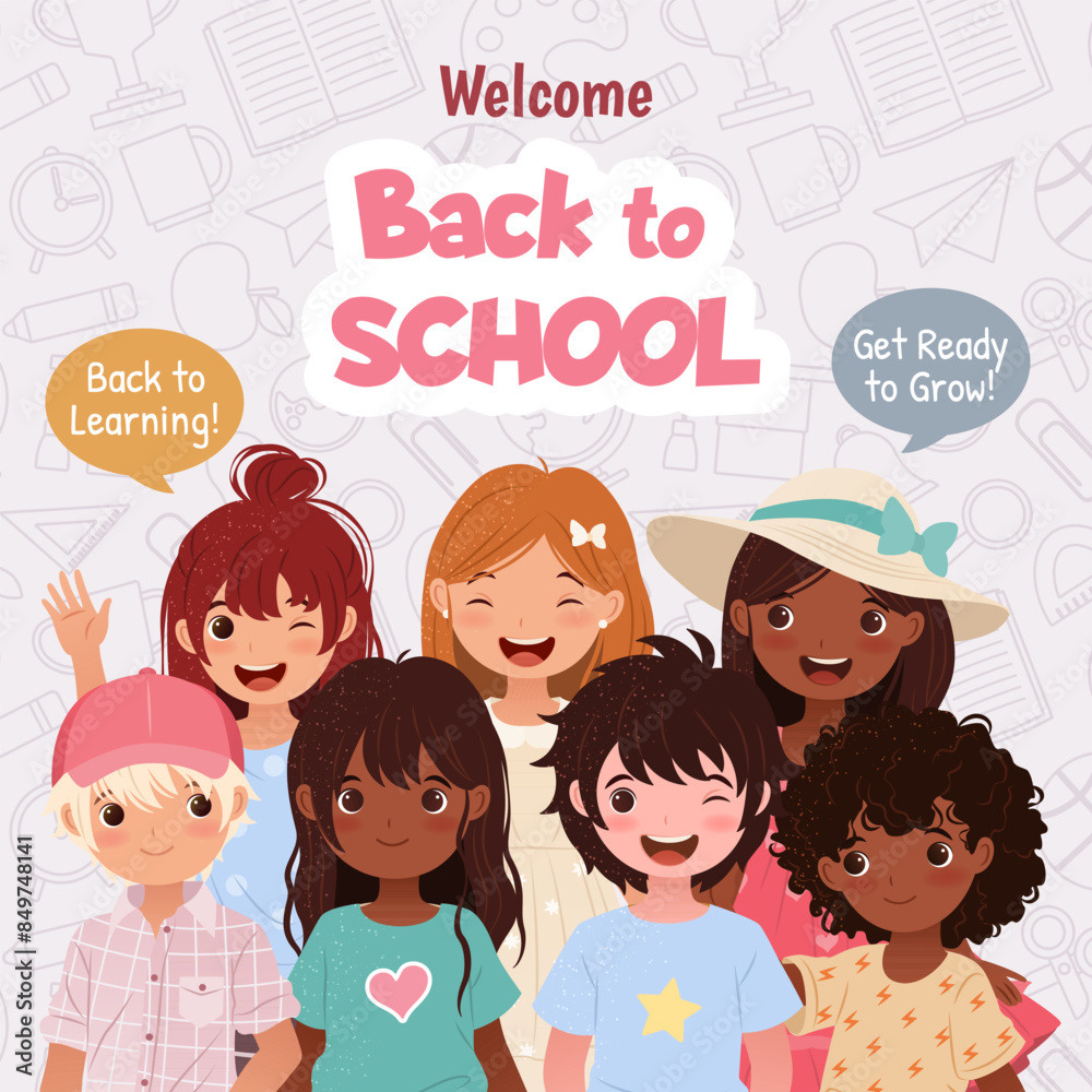 Welcome Back to School. Square banner or post template with little boys and girls for educational designs, promotions, greeting cards, online education. Vector illustration featuring cartoon children. Welcome Back to School. Square banner or post template with little boys and girls for educational designs, promotions, greeting cards, online education. Vector illustration featuring cartoon children.
