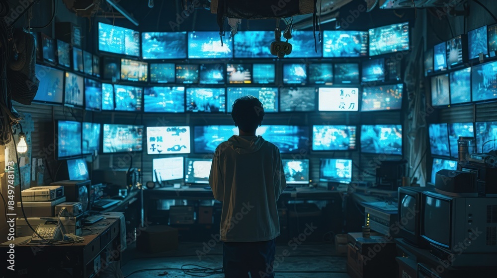 A Silhouetted Figure in a Room of Screens A Silhouetted Figure in a Room of Screens