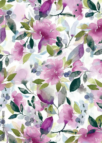 Abstract watercolor pastel colored flowers and leaves pattern