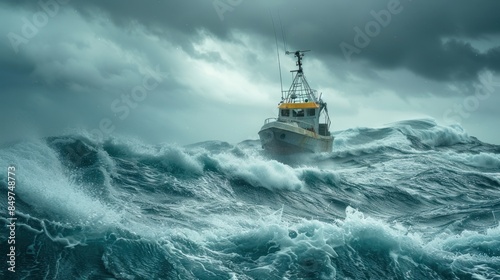 A Boat Navigates Rough Seas in a Storm