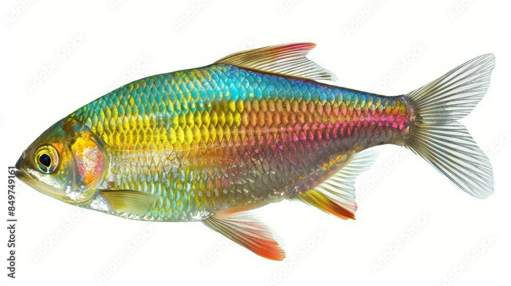 Vibrant rainbow shiner fish swims gracefully in clear water, displaying colorful scales in iridescent shades on a white background. Perfect for nature and aquarium lovers Vibrant rainbow shiner fish swims gracefully in clear water, displaying colorful scales in iridescent shades on a white background. Perfect for nature and aquarium lovers