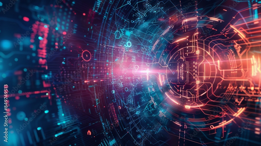 Fototapeta premium An image depicting a complex array of digital circuit designs with dynamic light effects, symbolizing high-tech and innovation