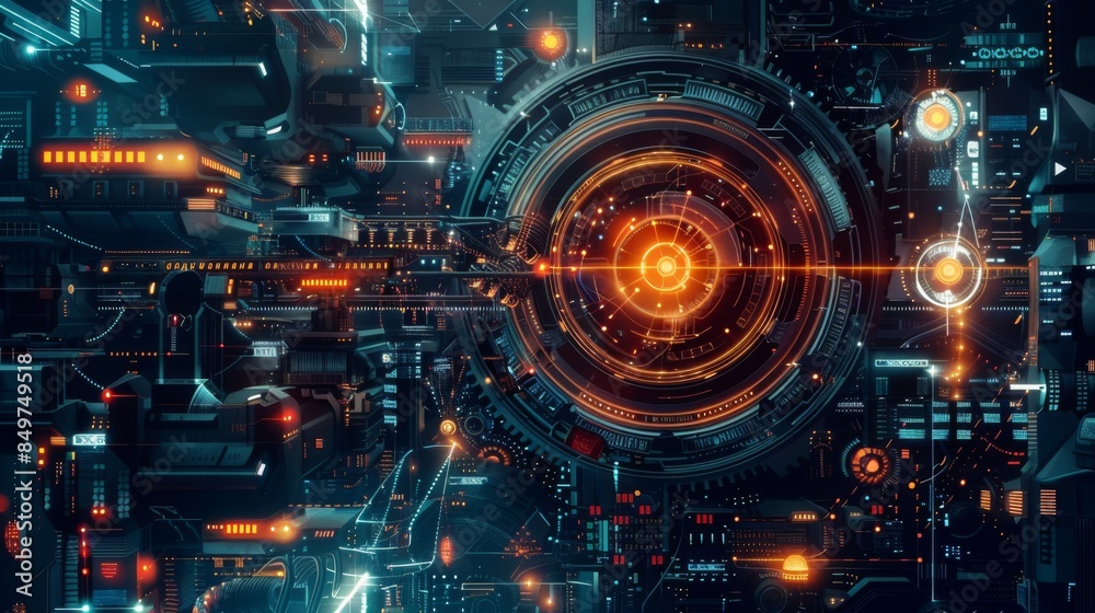 High-tech interface with a circular hub and radiating circuit patterns, symbolizing control and advanced technology High-tech interface with a circular hub and radiating circuit patterns, symbolizing control and advanced technology