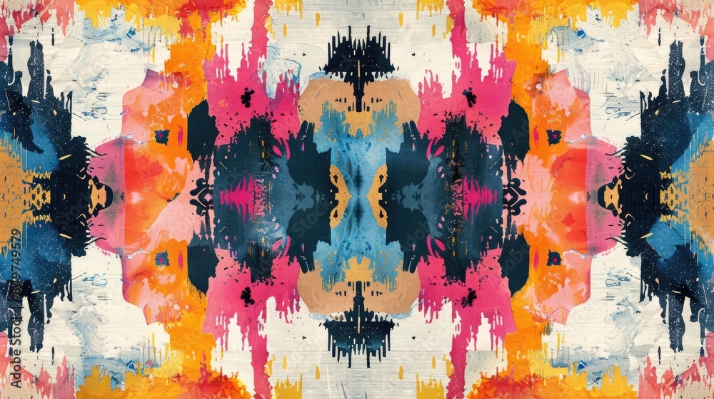 Fototapeta premium Abstract Multicolored Design with Ikat Watercolor and Geometric Elements
