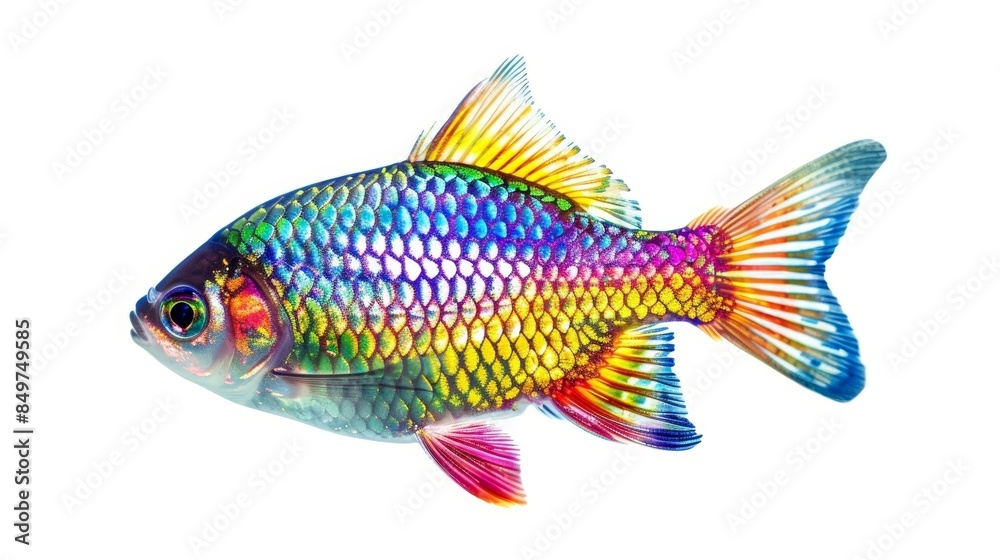 Vibrant rainbow fish with colorful fins and scales swimming in a white backdrop Vibrant rainbow fish with colorful fins and scales swimming in a white backdrop