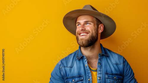 Happy man in a hat with a bright yellow background.