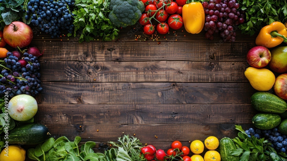 Fresh Produce Border on Rustic Wooden Background Fresh Produce Border on Rustic Wooden Background