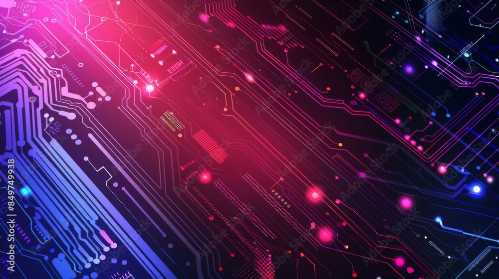 An abstract representation of a motherboard with blue and red hues signifying technology and data flow