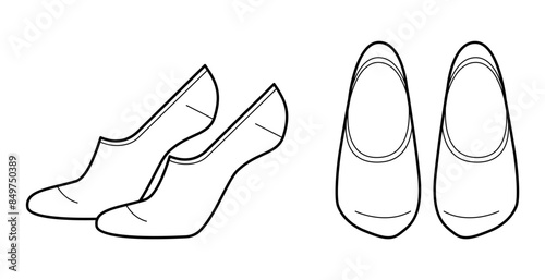 Foot, No-show socks length set. Fashion hosiery accessory clothing technical illustration stocking. Vector front, side view for Men, women, unisex style, flat template mockup sketch outline isolated 