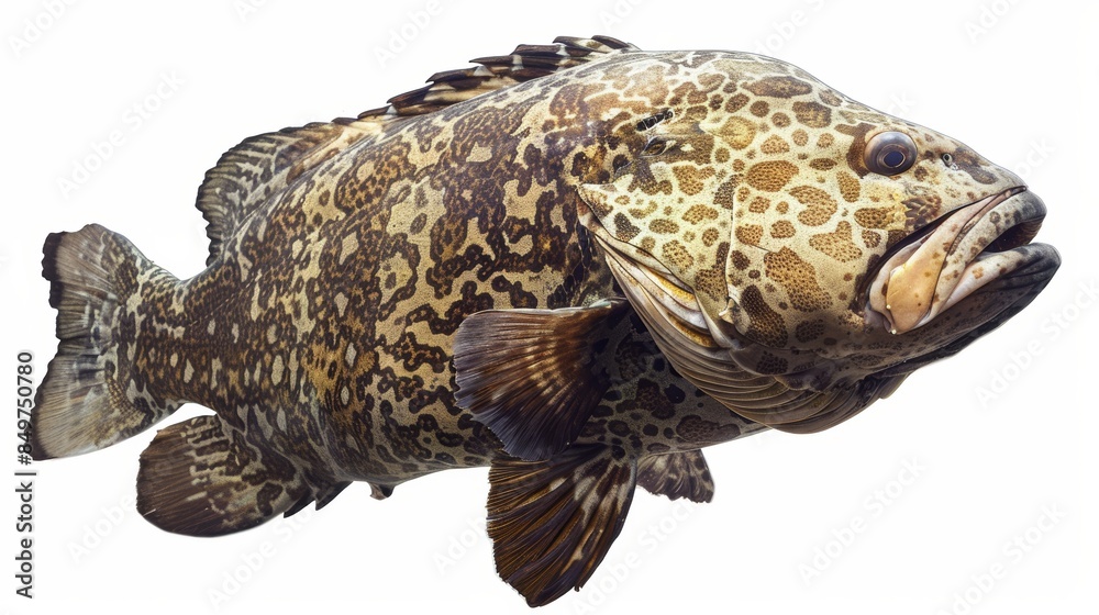 Naklejka premium Large brown and tan marbled grouper fish is swimming underwater on a white background