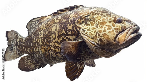Large brown and tan marbled grouper fish is swimming underwater on a white background photo