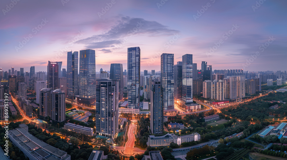 Dawn breaking over a modern cityscape with illuminated streets and high-rise buildings Dawn breaking over a modern cityscape with illuminated streets and high-rise buildings
