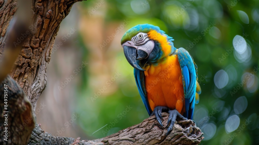custom made wallpaper toronto digitalA striking blue and yellow macaw sits perched on a branch with foliage blurred in the background, showcasing its vibrant plumage