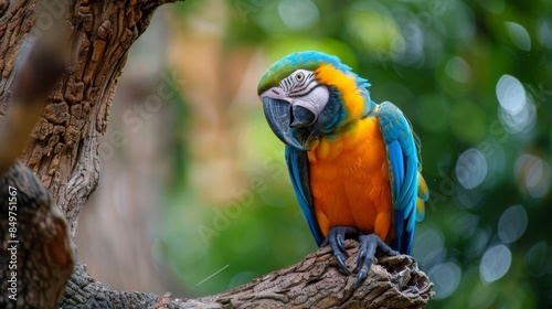Wallpaper Mural A striking blue and yellow macaw sits perched on a branch with foliage blurred in the background, showcasing its vibrant plumage Torontodigital.ca