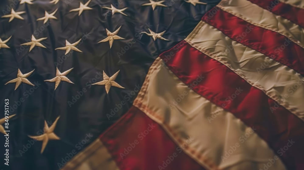 Fototapeta premium Detailed close-up of the stars and stripes on the American flag, suggesting patriotism and national pride