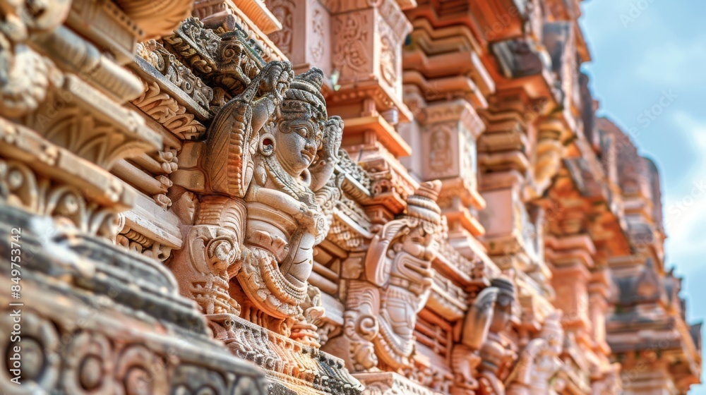 Fototapeta premium This image captures the elaborate carvings on the facade of an Indian temple with exceptional detail and craftsmanship