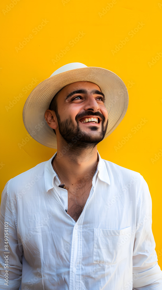 Smiling Arabic man in a hat on a yellow background
Smiling Arabic man in a hat on a yellow background