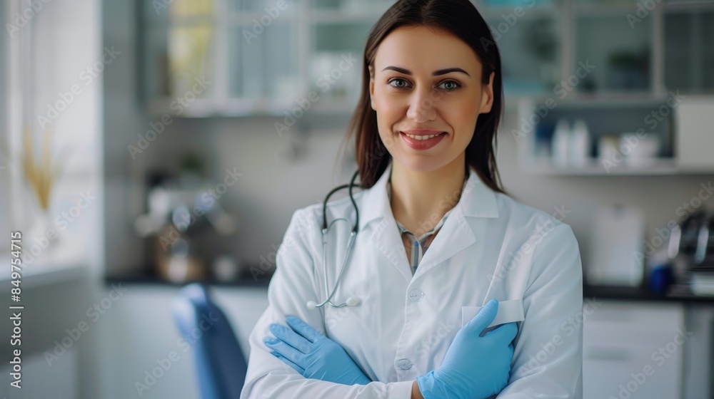 Confident female doctor in lab coat smiling with arms crossed in a clean medical clinic environment Confident female doctor in lab coat smiling with arms crossed in a clean medical clinic environment