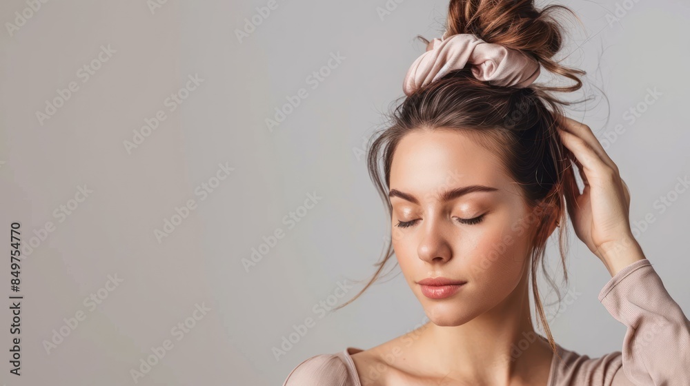 Woman with a smooth bun hairstyle. on gray background Woman with a smooth bun hairstyle. on gray background