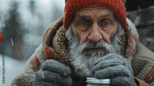 Close-up of an older man with a weathered face, holding a cup, possibly homeless, in a snowy setting