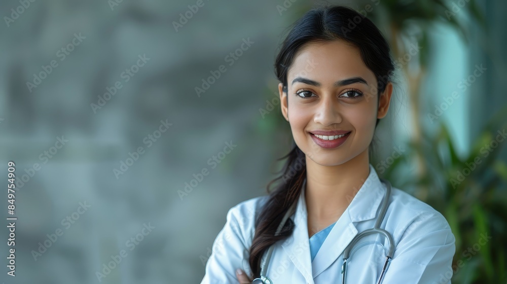 A confident female healthcare professional smiles reassuringly, wearing a lab coat and stethoscope A confident female healthcare professional smiles reassuringly, wearing a lab coat and stethoscope
