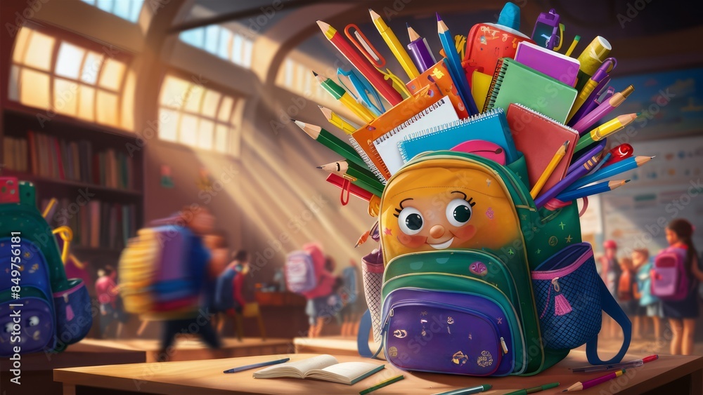 Naklejka premium A cheerful, animated backpack filled with colorful school supplies, placed on a desk in a classroom with students in the background.