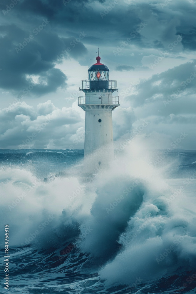 Solitary lighthouse standing against a turbulent sea 