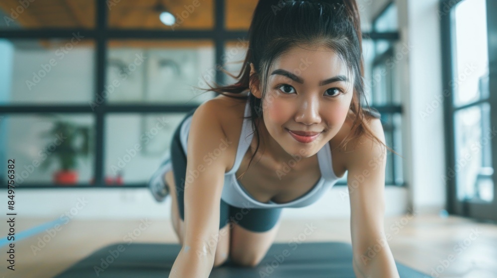 Young Asian woman doing push-ups for health indoors Young Asian woman doing push-ups for health indoors