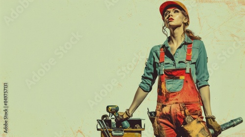 Rosie the Riveter is a fictional character created by the U.S. government during World War II to encourage women to join the workforce. The poster shows a woman wearing blue overalls and a red bandana photo