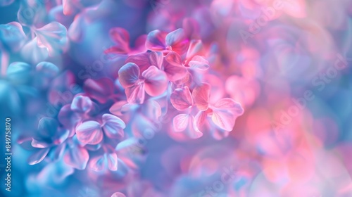 Surreal digital art of blossoming lilac flowers with a lush, dreamlike pink and blue glow, ideal for creative design © Nicholas