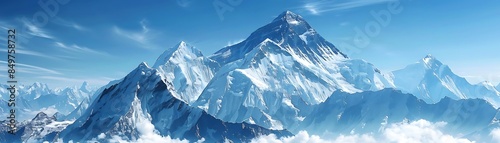 snow - capped peaks tower over a serene blue sky, with fluffy white clouds adding to the picturesque view