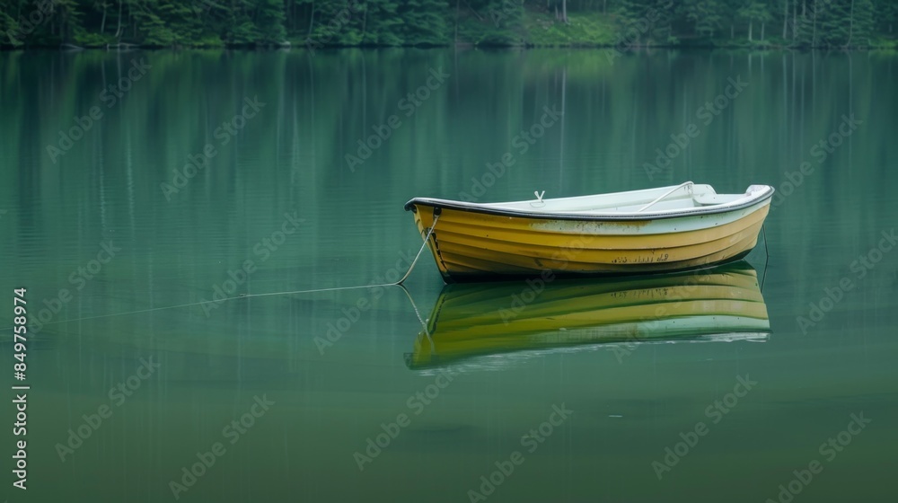 Naklejka premium A still, foggy lake setting with a yellow rowboat secured by a rope, reflecting on the misty water