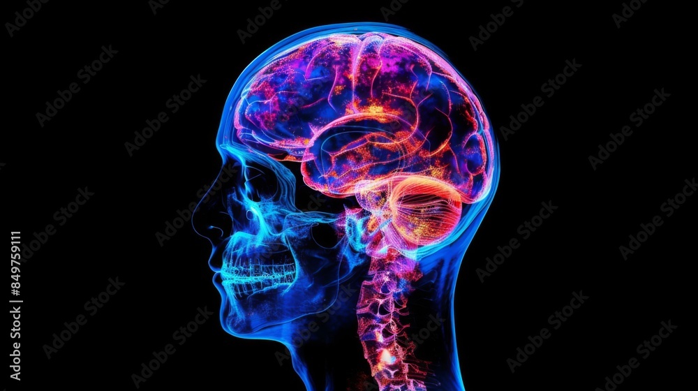 A striking image showcasing a side profile of a human head with a colorful brain scan highlighting various brain regions A striking image showcasing a side profile of a human head with a colorful brain scan highlighting various brain regions
